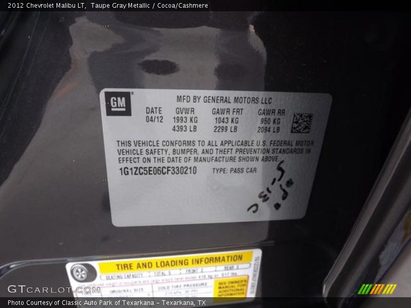 Taupe Gray Metallic / Cocoa/Cashmere 2012 Chevrolet Malibu LT