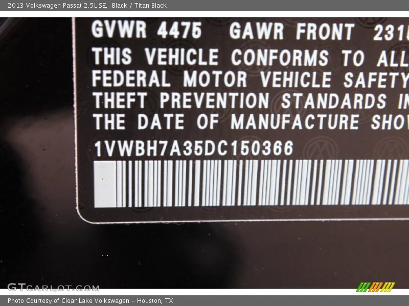 Black / Titan Black 2013 Volkswagen Passat 2.5L SE