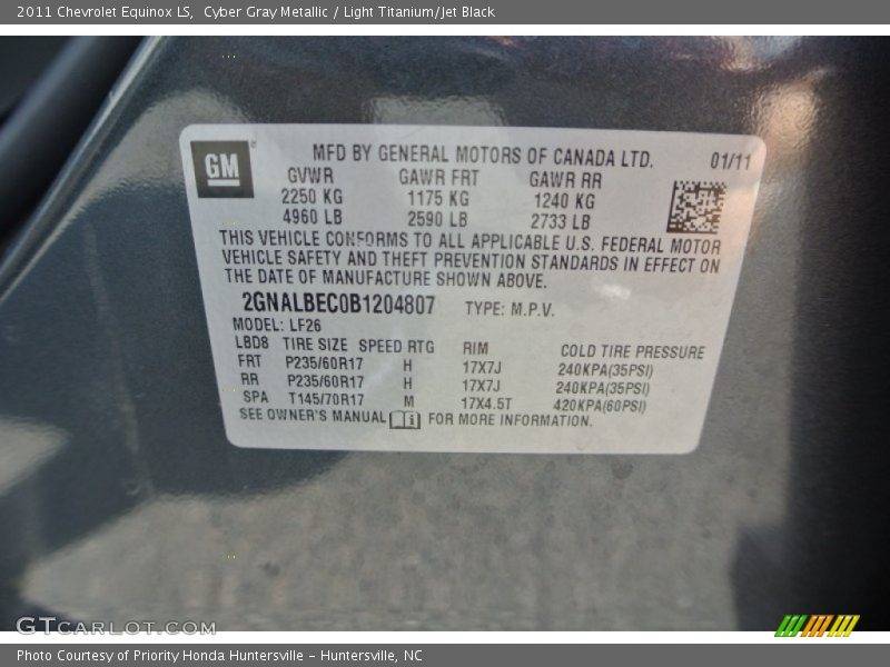 Cyber Gray Metallic / Light Titanium/Jet Black 2011 Chevrolet Equinox LS