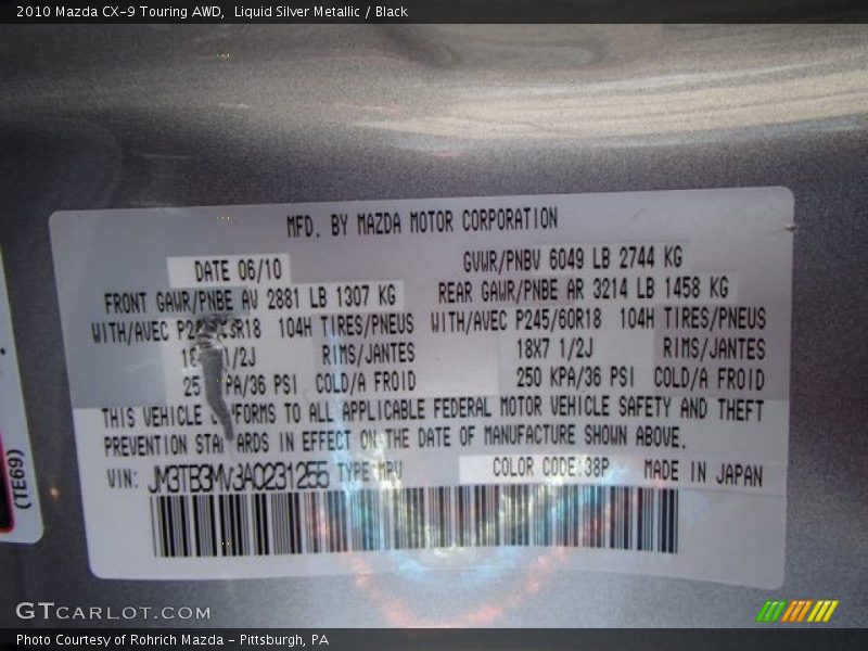 Liquid Silver Metallic / Black 2010 Mazda CX-9 Touring AWD
