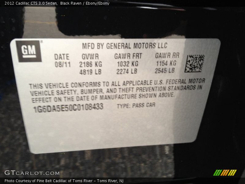 Black Raven / Ebony/Ebony 2012 Cadillac CTS 3.0 Sedan