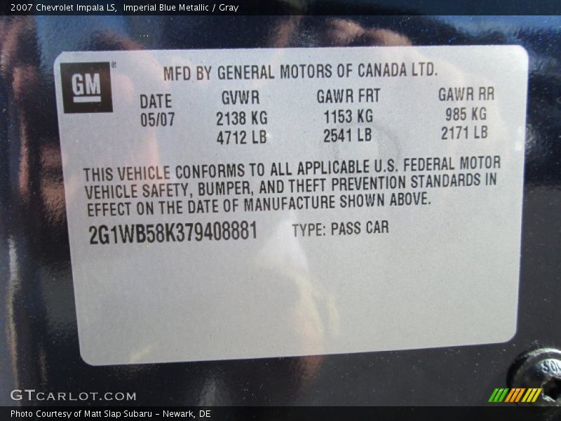 Imperial Blue Metallic / Gray 2007 Chevrolet Impala LS