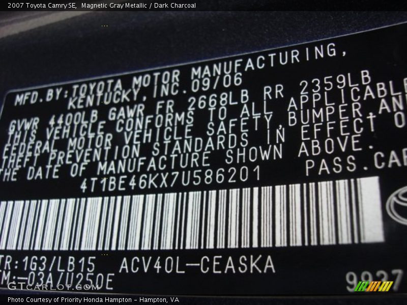 Magnetic Gray Metallic / Dark Charcoal 2007 Toyota Camry SE