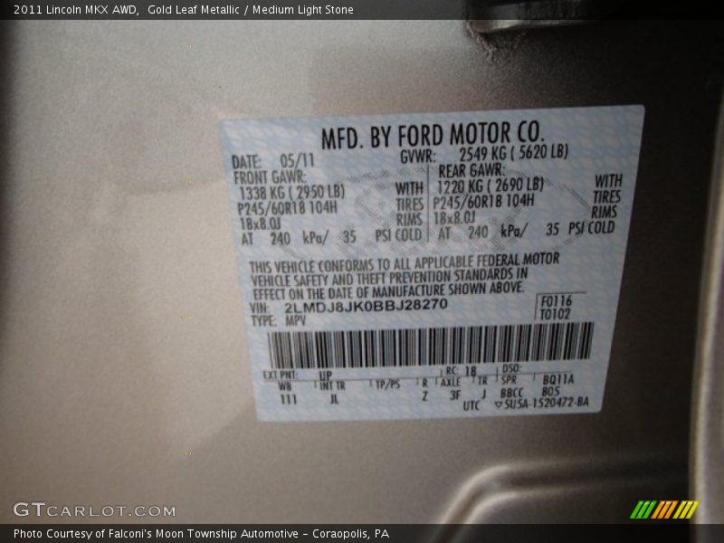 Gold Leaf Metallic / Medium Light Stone 2011 Lincoln MKX AWD