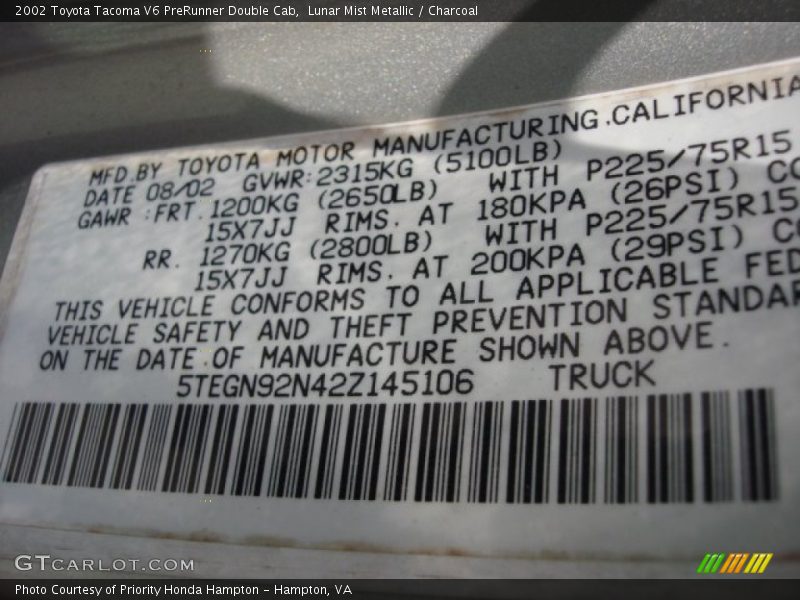 Lunar Mist Metallic / Charcoal 2002 Toyota Tacoma V6 PreRunner Double Cab