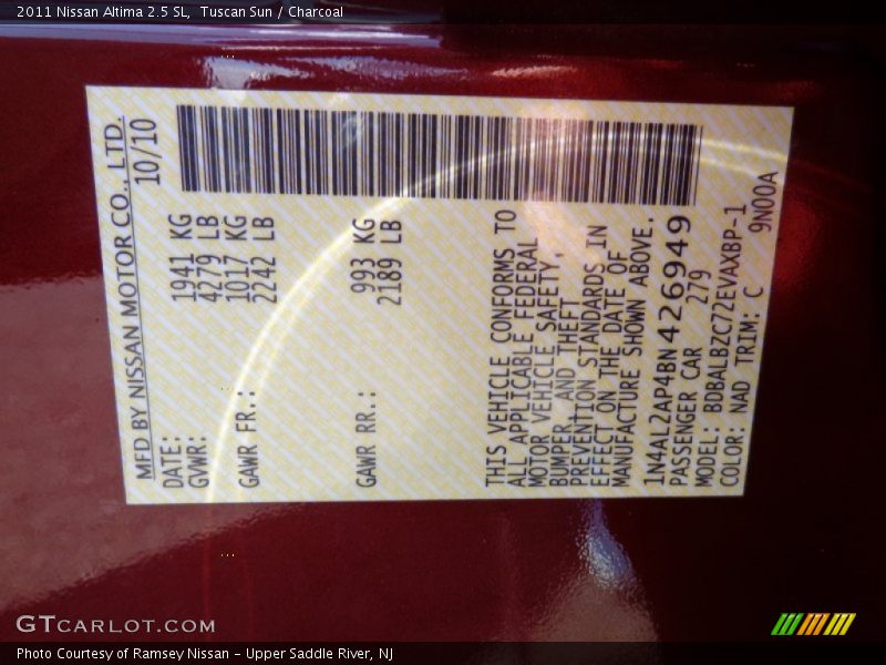 Tuscan Sun / Charcoal 2011 Nissan Altima 2.5 SL
