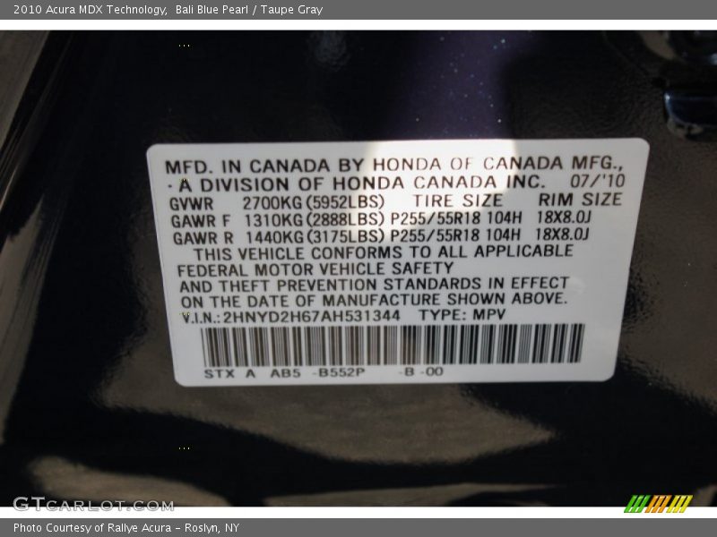 Bali Blue Pearl / Taupe Gray 2010 Acura MDX Technology