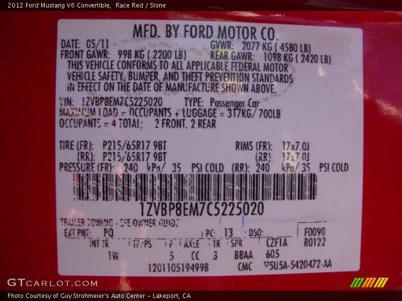 Race Red / Stone 2012 Ford Mustang V6 Convertible