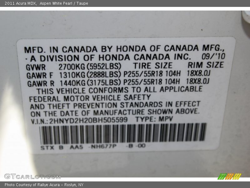 Aspen White Pearl / Taupe 2011 Acura MDX