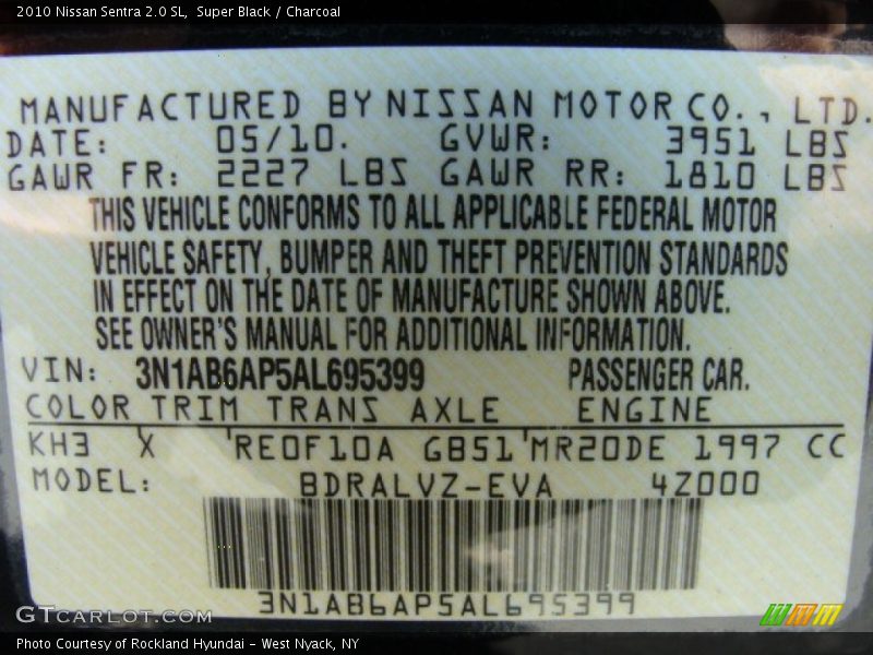 Super Black / Charcoal 2010 Nissan Sentra 2.0 SL