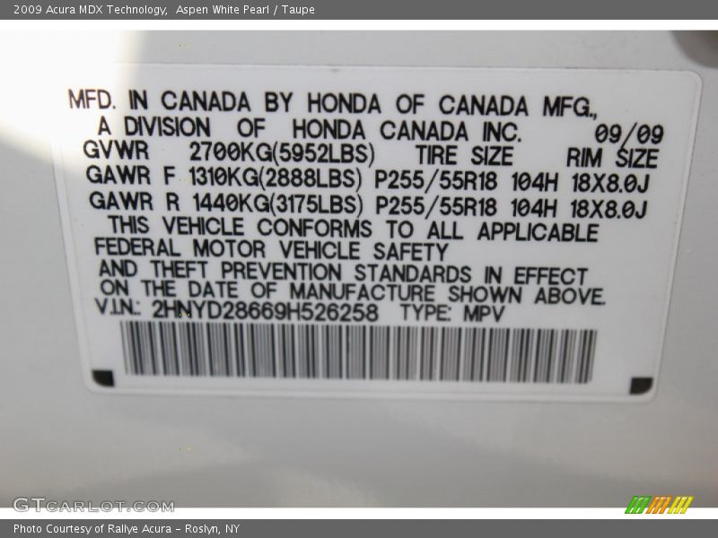 Aspen White Pearl / Taupe 2009 Acura MDX Technology