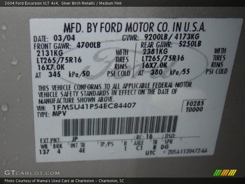 2004 Excursion XLT 4x4 Silver Birch Metallic Color Code JP