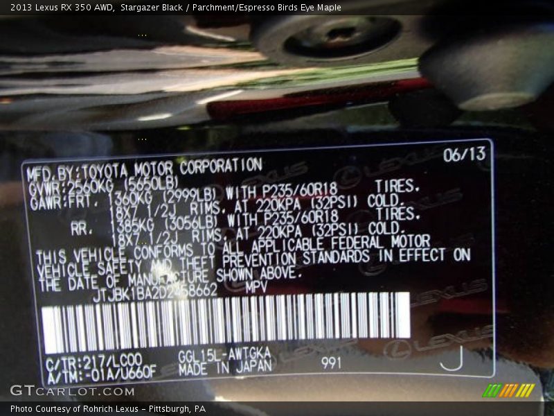 2013 RX 350 AWD Stargazer Black Color Code 217