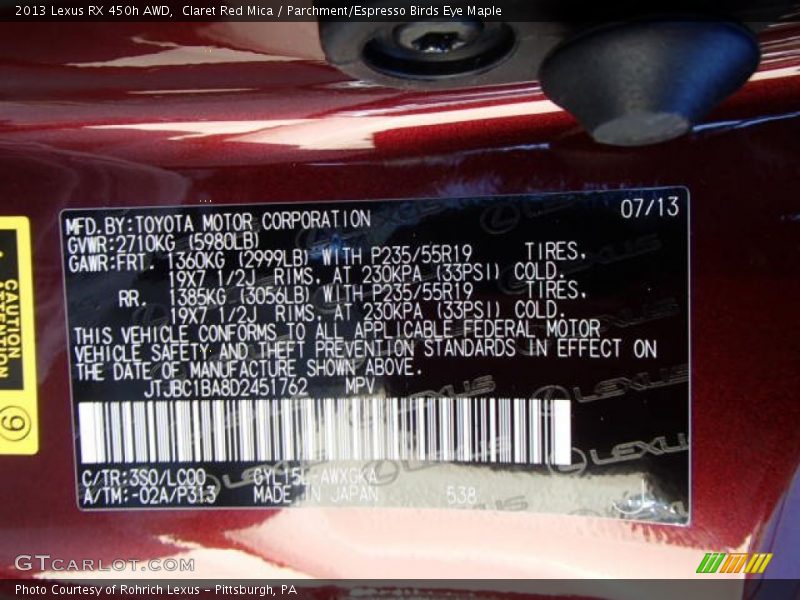 Claret Red Mica / Parchment/Espresso Birds Eye Maple 2013 Lexus RX 450h AWD