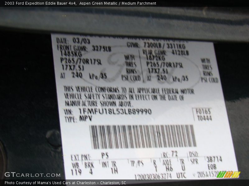 2003 Expedition Eddie Bauer 4x4 Aspen Green Metallic Color Code P5