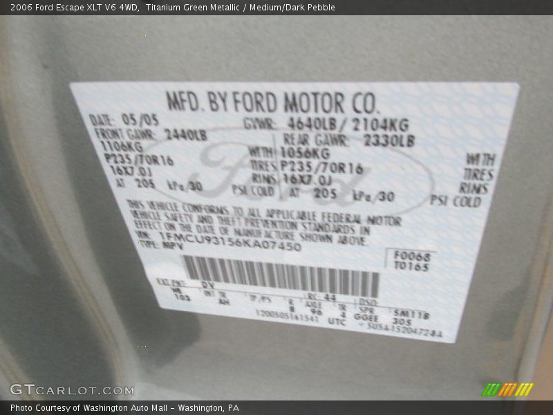 Titanium Green Metallic / Medium/Dark Pebble 2006 Ford Escape XLT V6 4WD