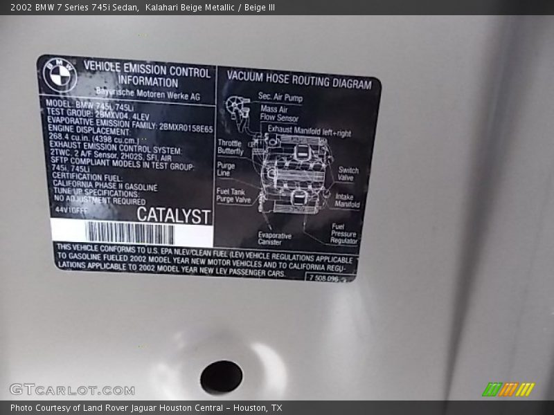 Info Tag of 2002 7 Series 745i Sedan