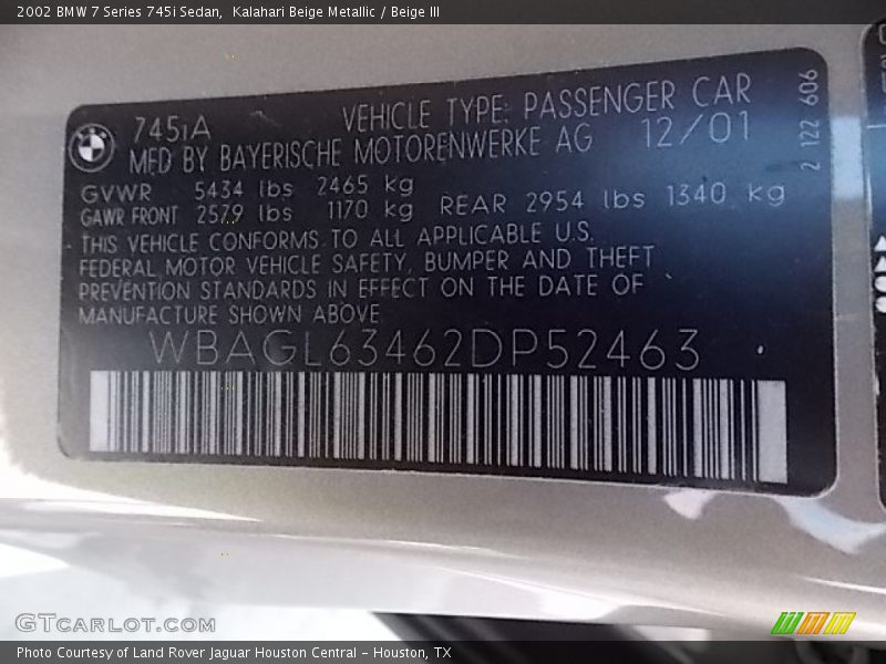 Info Tag of 2002 7 Series 745i Sedan