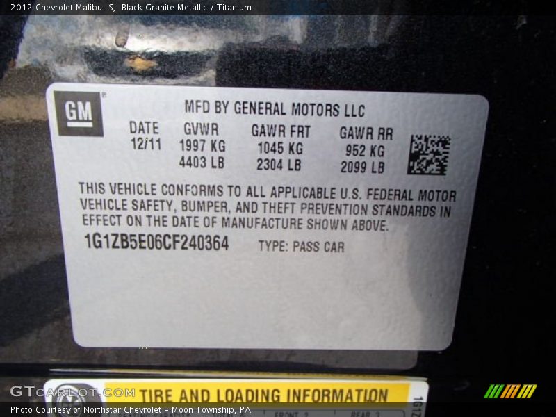 Black Granite Metallic / Titanium 2012 Chevrolet Malibu LS