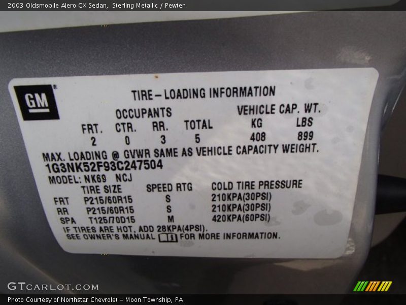 Info Tag of 2003 Alero GX Sedan