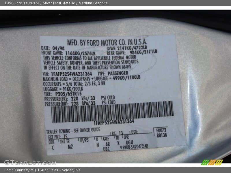 1998 Taurus SE Silver Frost Metallic Color Code TS
