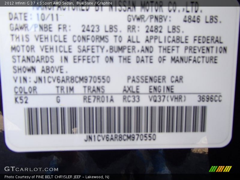 Blue Slate / Graphite 2012 Infiniti G 37 x S Sport AWD Sedan