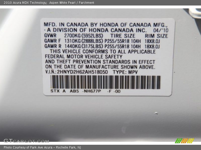 Aspen White Pearl / Parchment 2010 Acura MDX Technology
