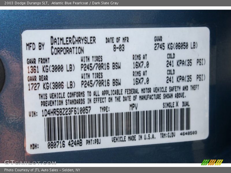 2003 Durango SLT Atlantic Blue Pearlcoat Color Code PBJ
