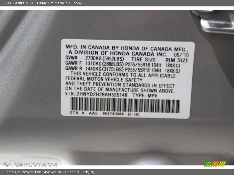 Palladium Metallic / Ebony 2010 Acura MDX