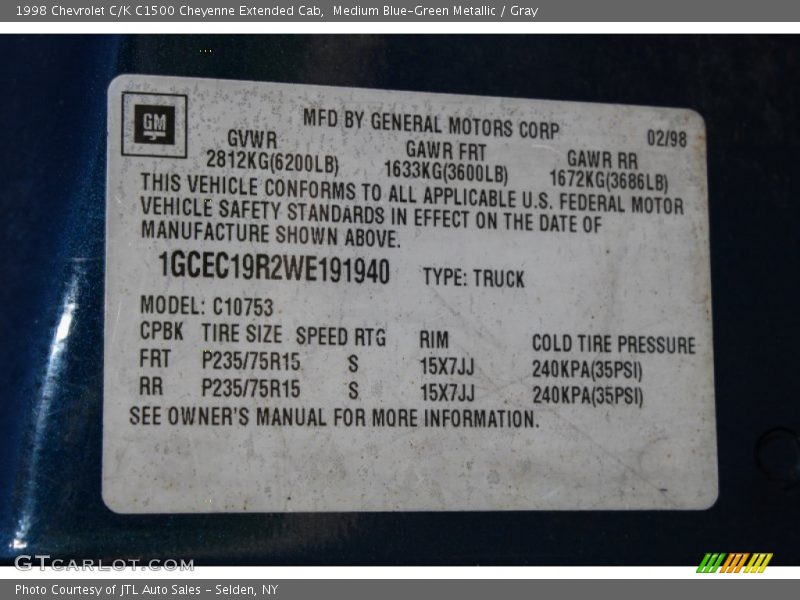 Medium Blue-Green Metallic / Gray 1998 Chevrolet C/K C1500 Cheyenne Extended Cab