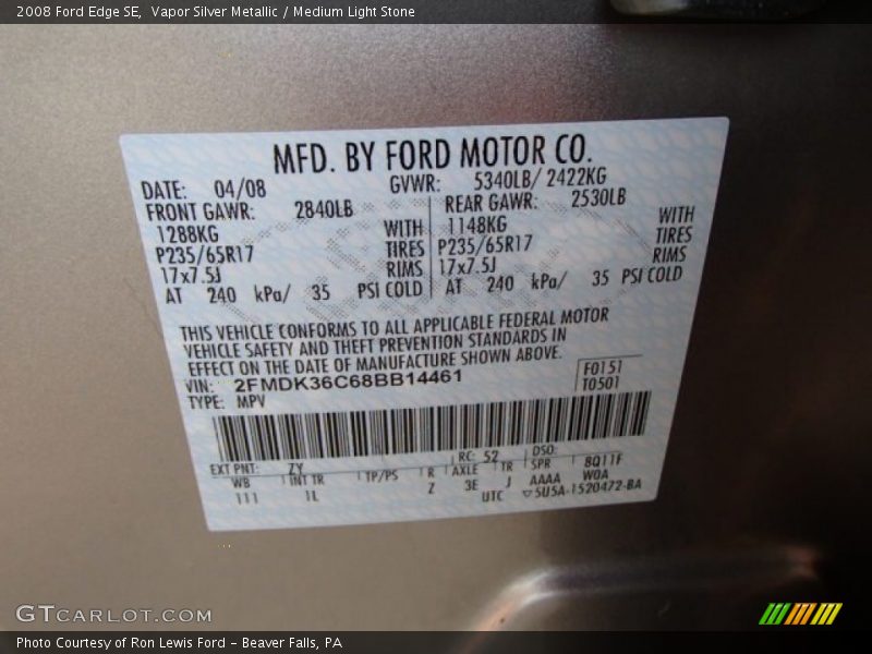 Vapor Silver Metallic / Medium Light Stone 2008 Ford Edge SE