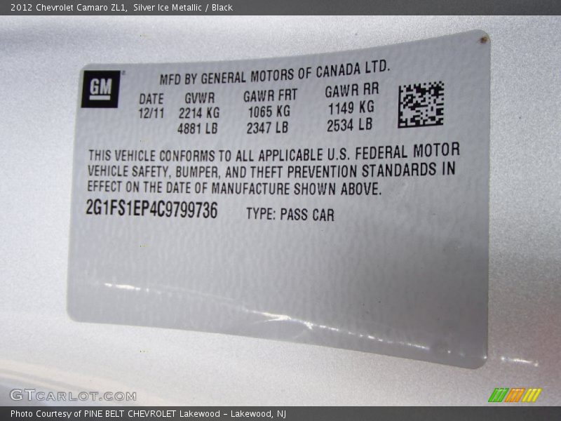 Info Tag of 2012 Camaro ZL1