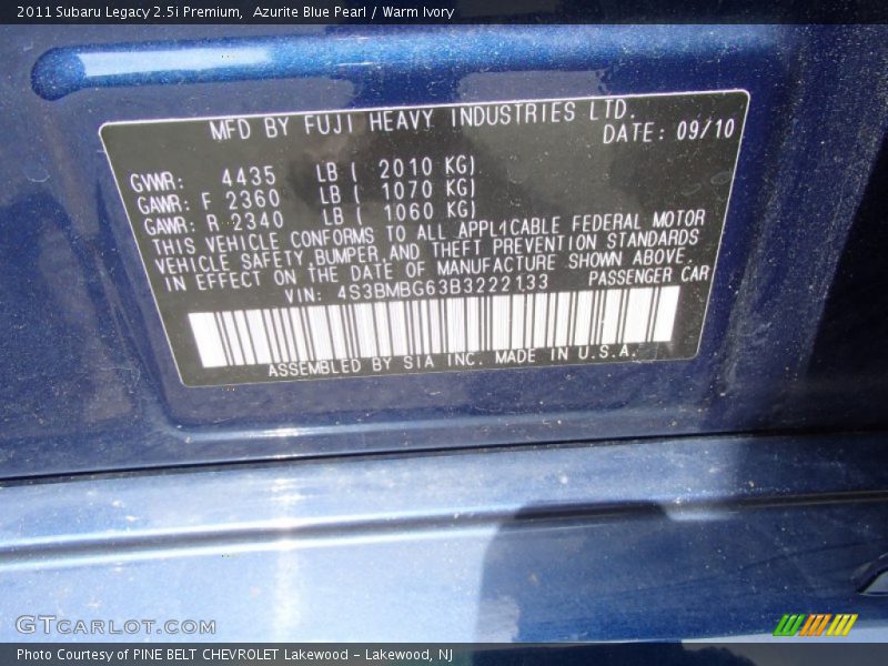 Azurite Blue Pearl / Warm Ivory 2011 Subaru Legacy 2.5i Premium