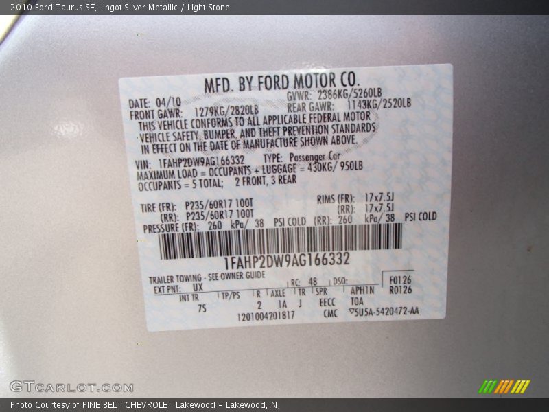 Ingot Silver Metallic / Light Stone 2010 Ford Taurus SE