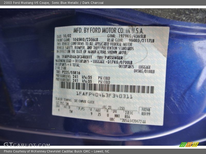 Sonic Blue Metallic / Dark Charcoal 2003 Ford Mustang V6 Coupe