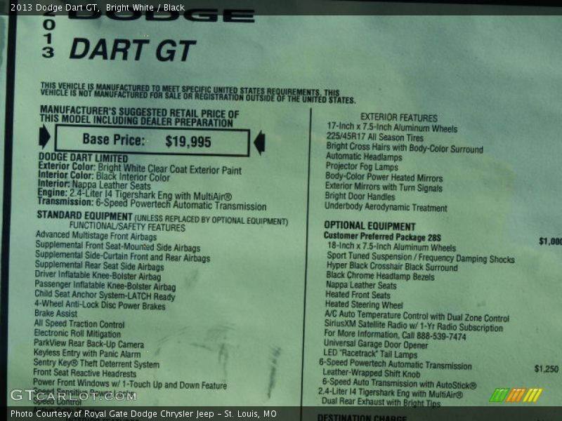  2013 Dart GT Window Sticker