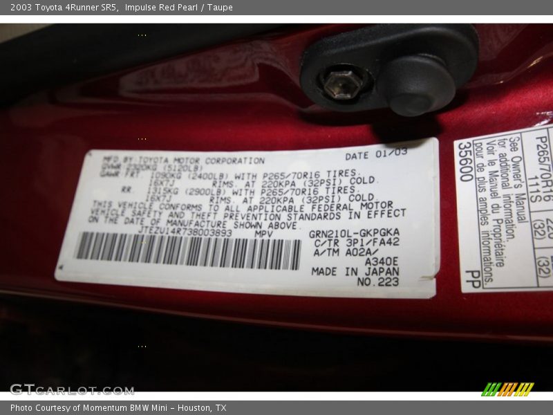 Impulse Red Pearl / Taupe 2003 Toyota 4Runner SR5