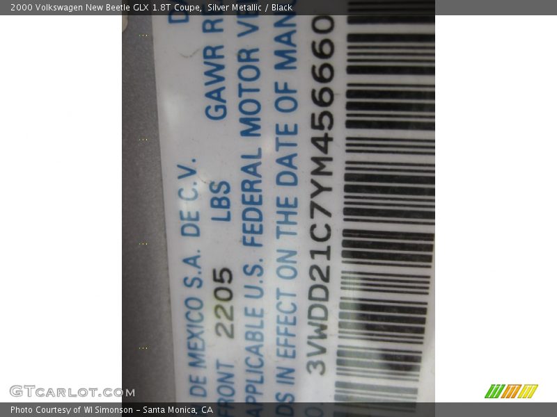 Silver Metallic / Black 2000 Volkswagen New Beetle GLX 1.8T Coupe