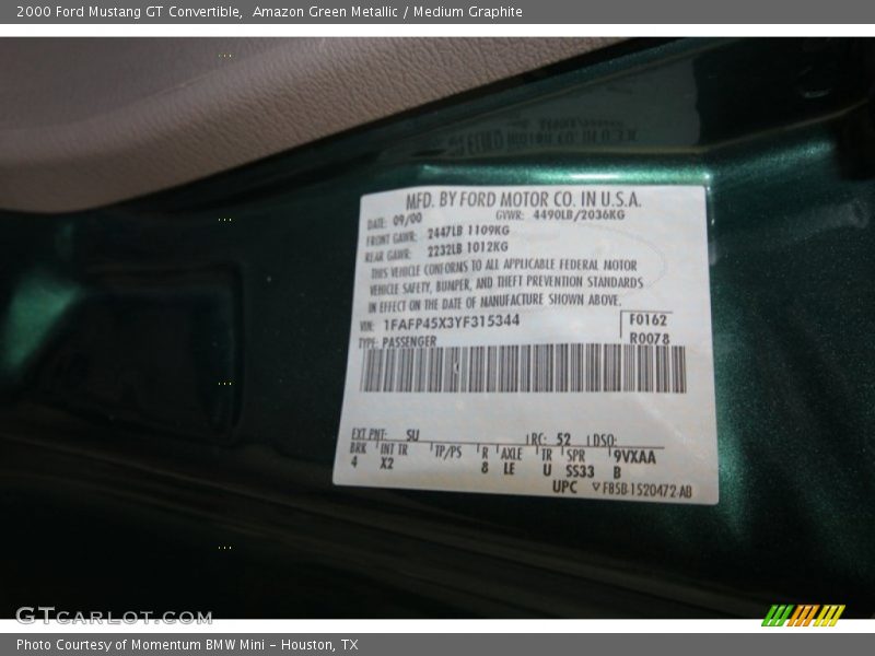 2000 Mustang GT Convertible Amazon Green Metallic Color Code SU