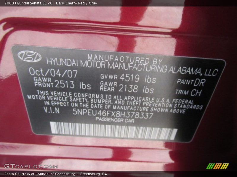 Dark Cherry Red / Gray 2008 Hyundai Sonata SE V6
