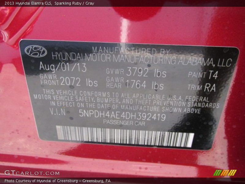 Sparkling Ruby / Gray 2013 Hyundai Elantra GLS