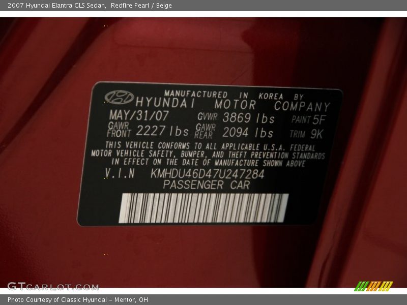 2007 Elantra GLS Sedan Redfire Pearl Color Code 5F