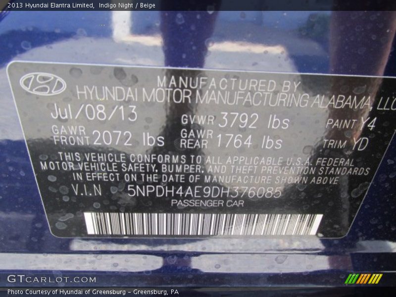 Indigo Night / Beige 2013 Hyundai Elantra Limited