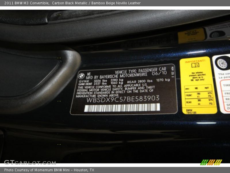 Carbon Black Metallic / Bamboo Beige Novillo Leather 2011 BMW M3 Convertible