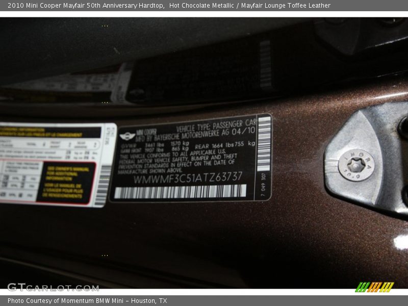Hot Chocolate Metallic / Mayfair Lounge Toffee Leather 2010 Mini Cooper Mayfair 50th Anniversary Hardtop