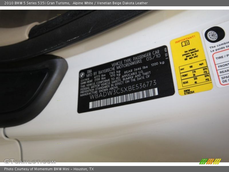 Alpine White / Venetian Beige Dakota Leather 2010 BMW 5 Series 535i Gran Turismo
