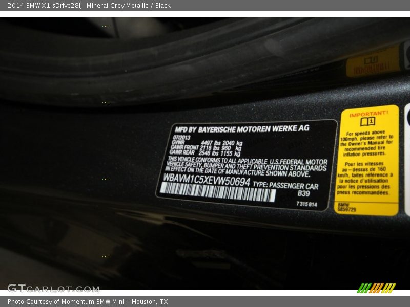 Mineral Grey Metallic / Black 2014 BMW X1 sDrive28i
