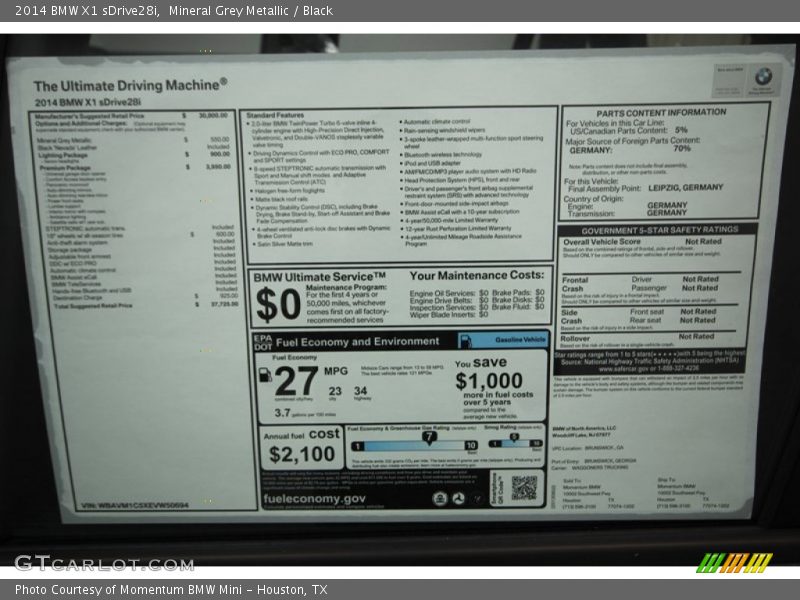 Mineral Grey Metallic / Black 2014 BMW X1 sDrive28i