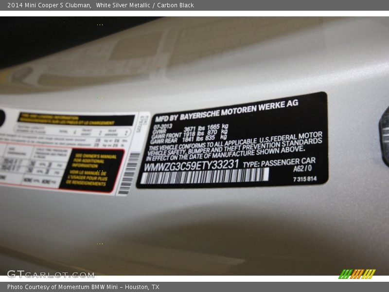 2014 Cooper S Clubman White Silver Metallic Color Code A62