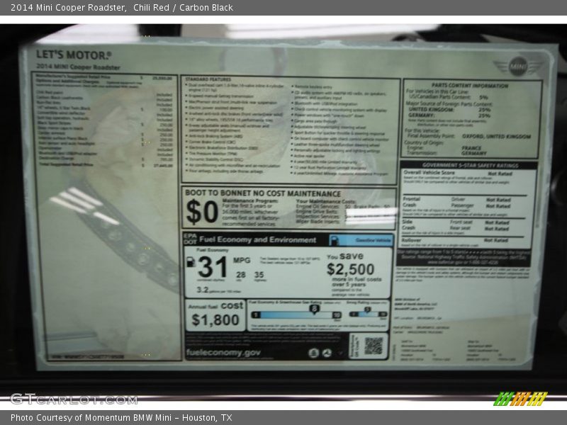  2014 Cooper Roadster Window Sticker